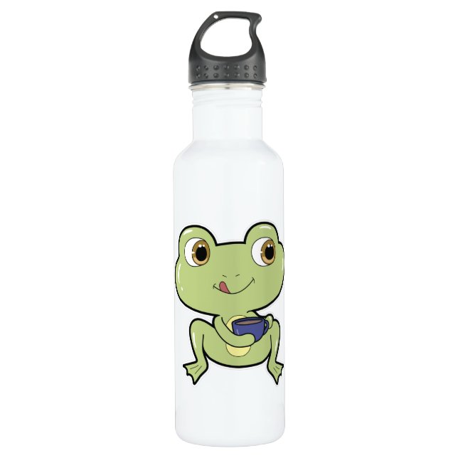 Frog with Cup of Coffee Stainless Steel Water Bottle (Front)