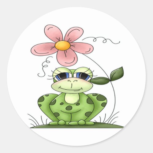 Frog with flower classic round sticker