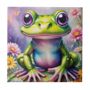 Frog With Flower Digital Art Ceramic Tile