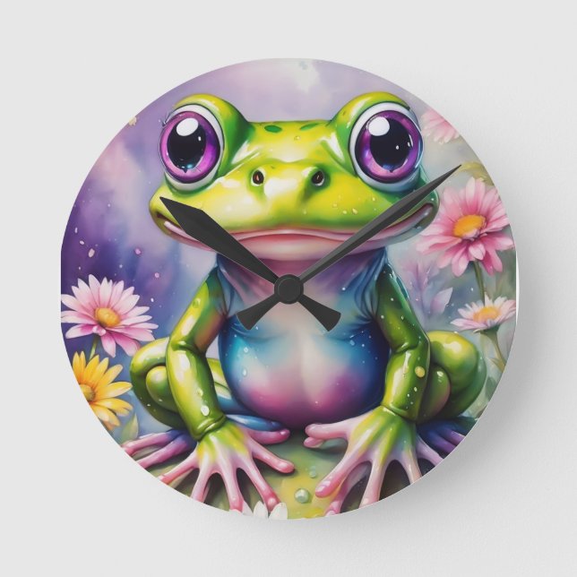 Frog With Flower Digital Art Round Clock (Front)
