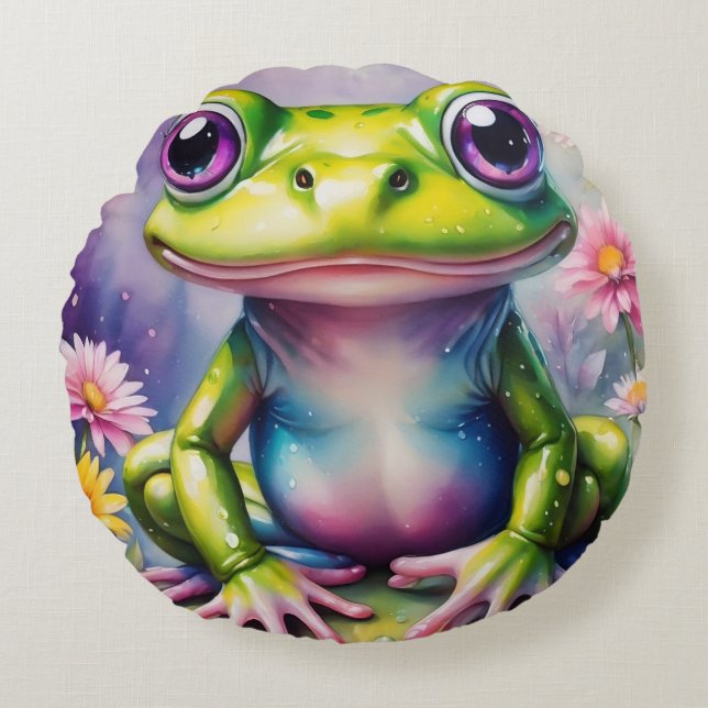 Frog With Flower Digital Art Round Pillow (Front)