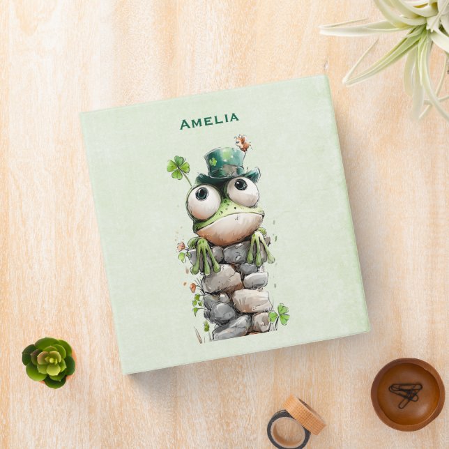Frog with Green Hat and Shamrock Cute 3 Ring Binder (In Situ)