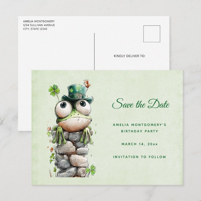 Frog with Green Hat and Shamrock Cute Announcement Postcard (Front/Back)