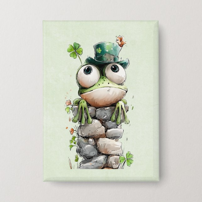 Frog with Green Hat and Shamrock Cute Button (Front)