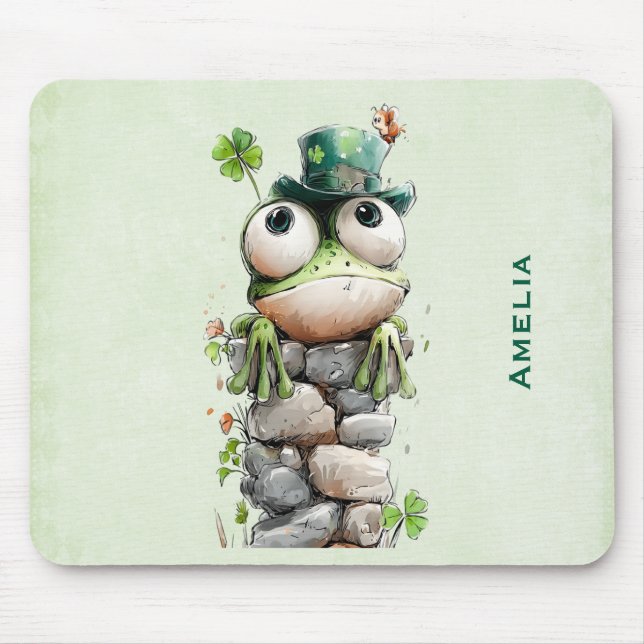 Frog with Green Hat and Shamrock Cute Mouse Pad (Front)
