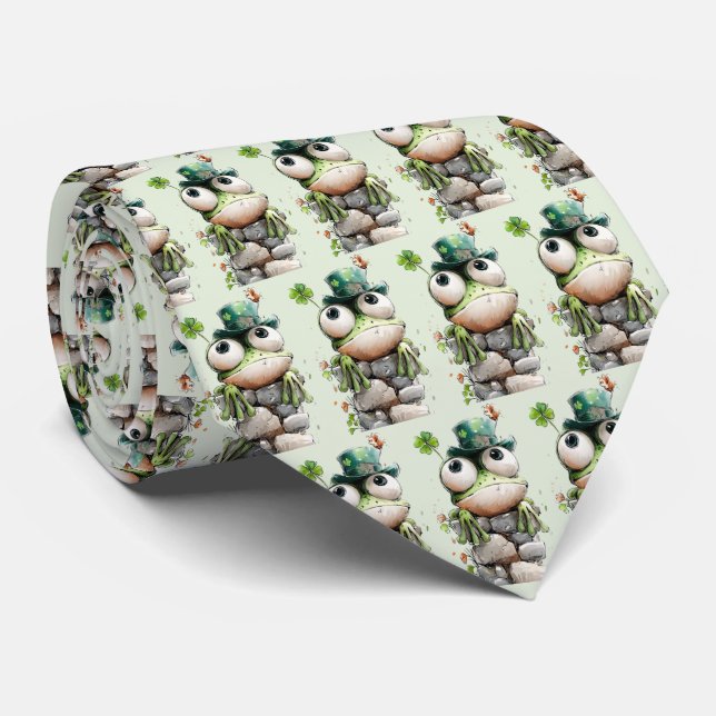 Frog with Green Hat and Shamrock Cute Pattern Neck Tie (Rolled)