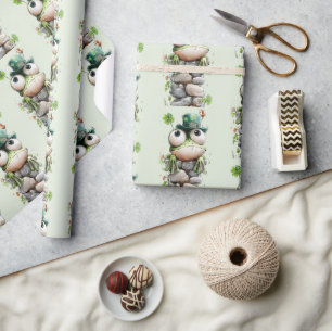 Frog with Green Hat and Shamrock Cute Pattern Wrapping Paper