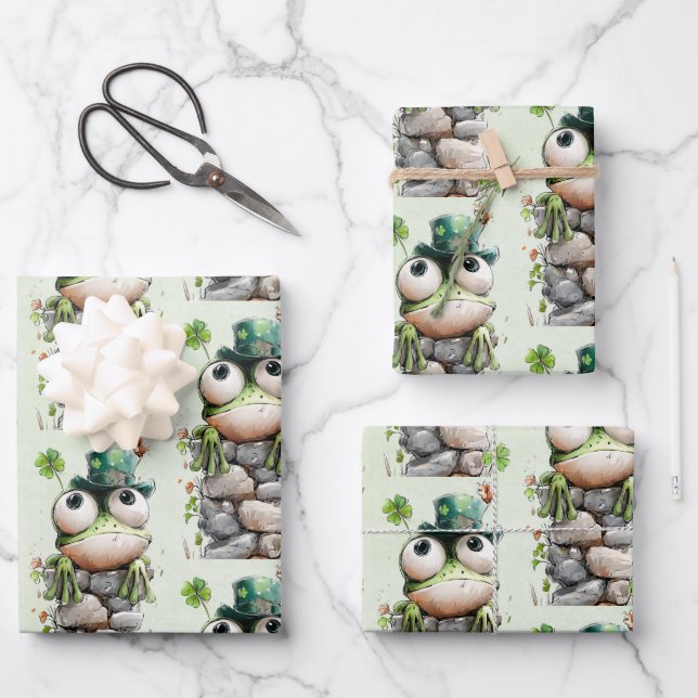 Frog with Green Hat and Shamrock Cute Pattern Wrapping Paper Sheets (Front)