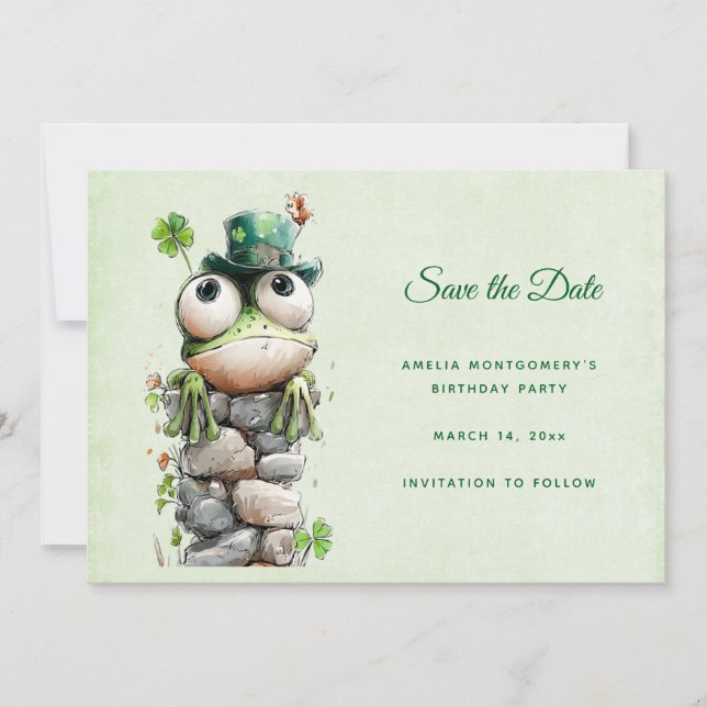 Frog with Green Hat and Shamrock Cute Save The Date (Front)