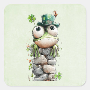 Frog with Green Hat and Shamrock Cute Square Sticker