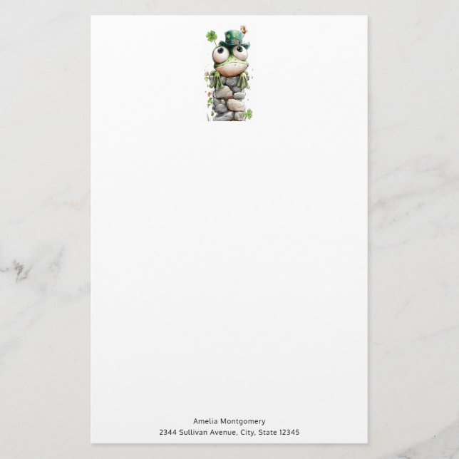 Frog with Green Hat and Shamrock Cute Stationery (Front)