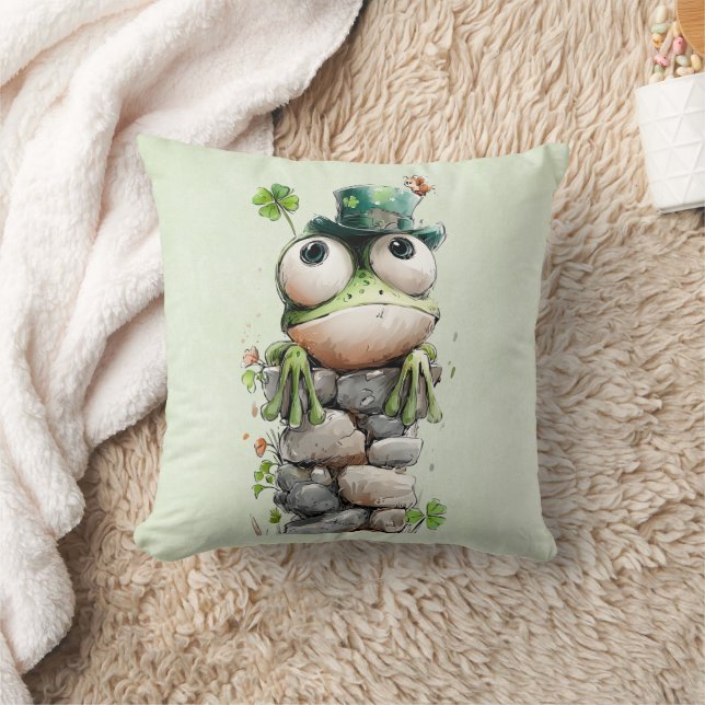 Frog with Green Hat and Shamrock Cute Throw Pillow (Blanket)