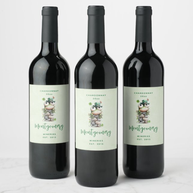Frog with Green Hat and Shamrock Cute Wine Making Label (Bottles)