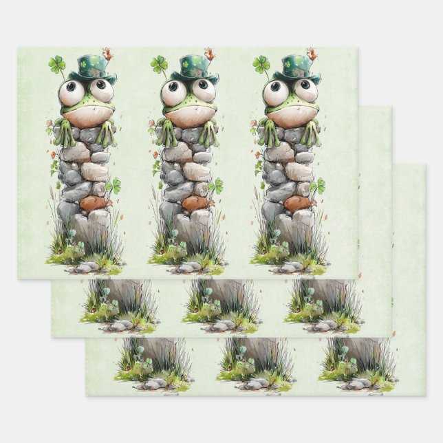 Frog with Green Hat and Shamrock Cute Wrapping Paper Sheets (Set)