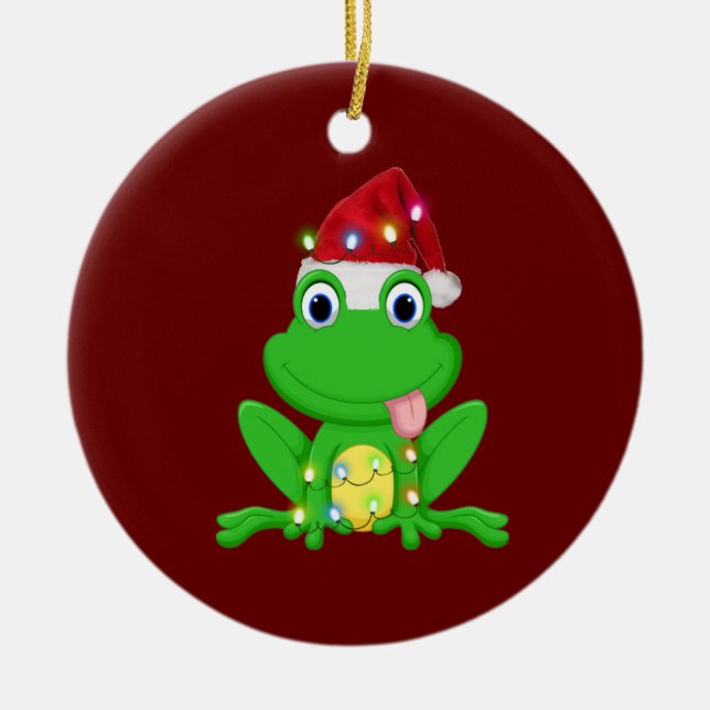 Frog With Hat Lights Christmas Ceramic Ornament (Front)