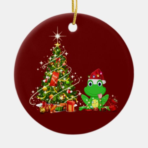 Frog With Hat LIGHTS Christmas Ceramic Ornament