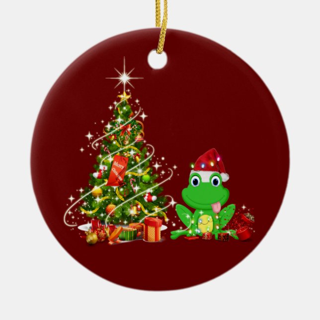 Frog With Hat LIGHTS Christmas Ceramic Ornament (Front)