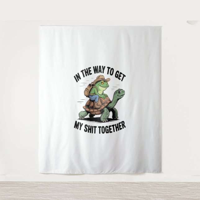 Frog with Hat Riding Turtle Tapestry (Front)