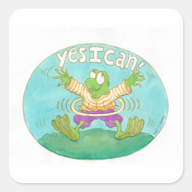 frog with hula hoop says "YES I CAN!" Square Sticker (Front)