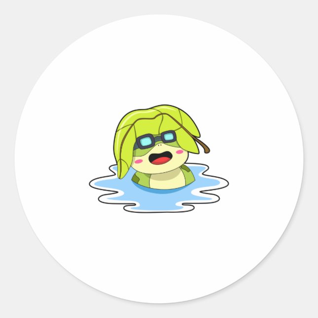 Frog with Leaf at Swimming Classic Round Sticker (Front)