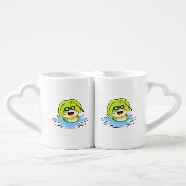 Frog with Leaf at Swimming Coffee Mug Set (Front Nesting)