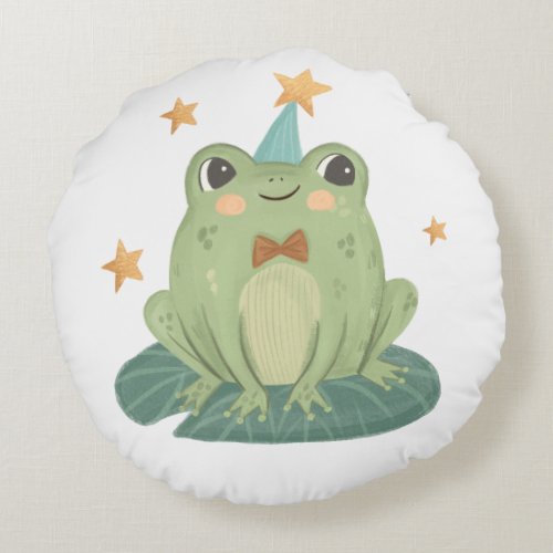 Frog With Mushroom Hat Baby room Round Pillow