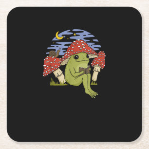 Frog With Mushroom Hat - Cottagecore Goblincore Bo Square Paper Coaster