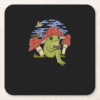 Frog With Mushroom Hat - Cottagecore Goblincore Bo Square Paper Coaster