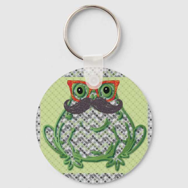 Frog with mustache and fish glasses by Artinspired Keychain (Front)