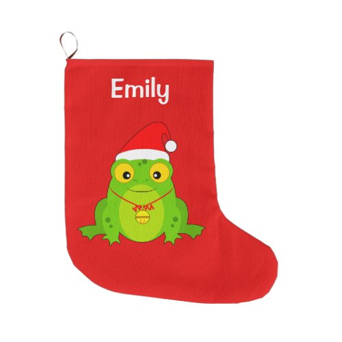 Frog with Santa Hat and Bell Large Christmas Stocking
