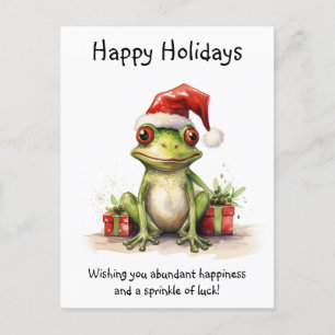 Frog with Santa Hat  wrapped gifts Happy Holidays Postcard