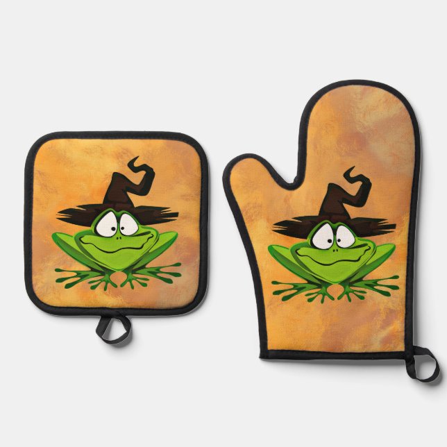 Frog with Witch Hat Halloween Oven Mitt & Pot Holder Set (Front)