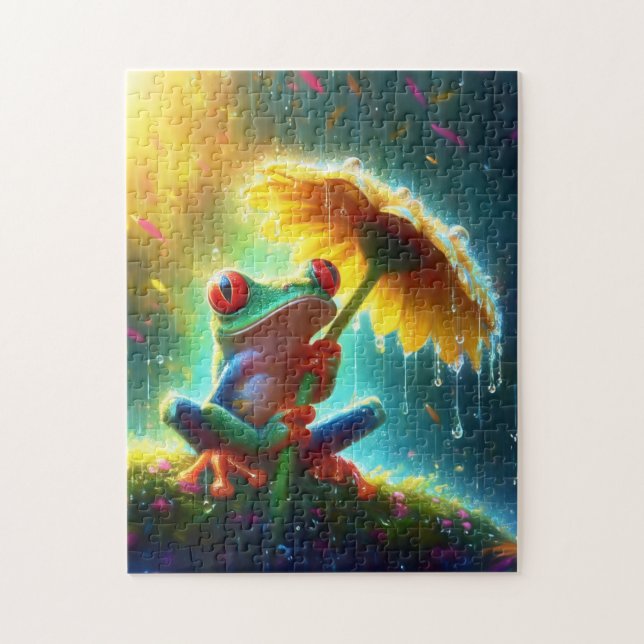 Frog With Yellow Daisy Umbrella In The Rain  Jigsaw Puzzle (Vertical)