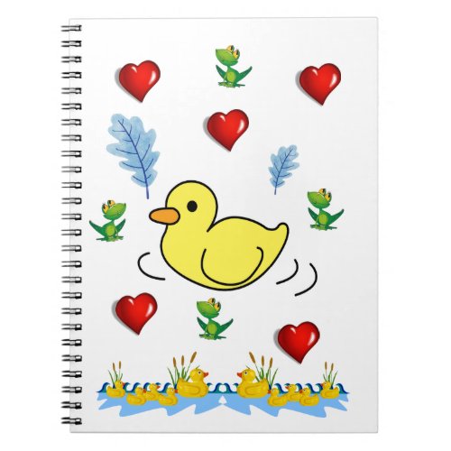 Frog Yellow Duck Hearts Spiral Notebook