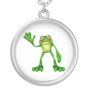 Froggie the Cute Cartoon Waving Frog Silver Plated Necklace