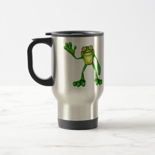 Froggie the Cute Cartoon Waving Frog Travel Mug (Left)