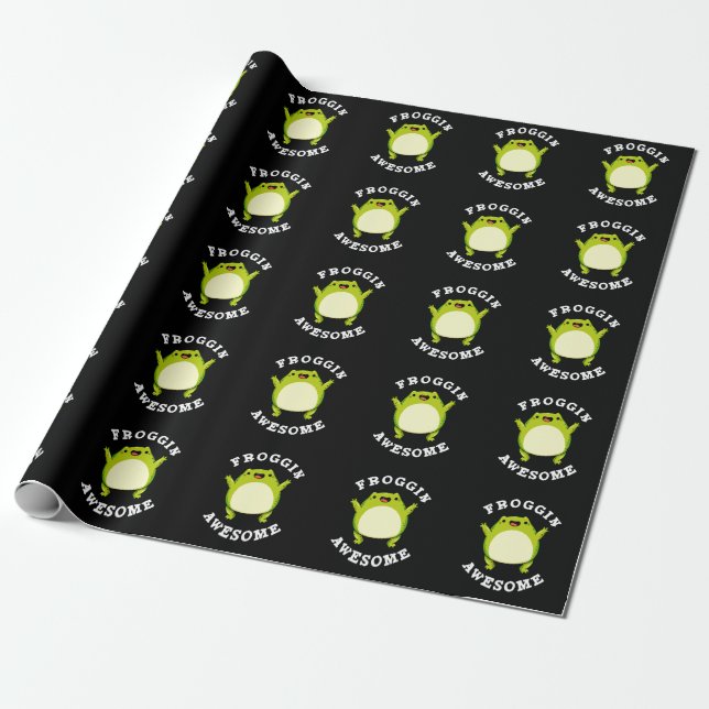 Froggin Awesome Funny Frog Pun Dark BG Wrapping Paper (Unrolled)