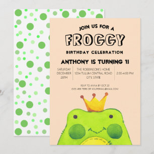Froggy birthday boy prince First party cute green  Invitation