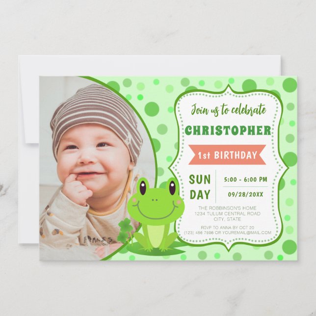 Froggy birthday party Green Dots theme  Invitation (Front)