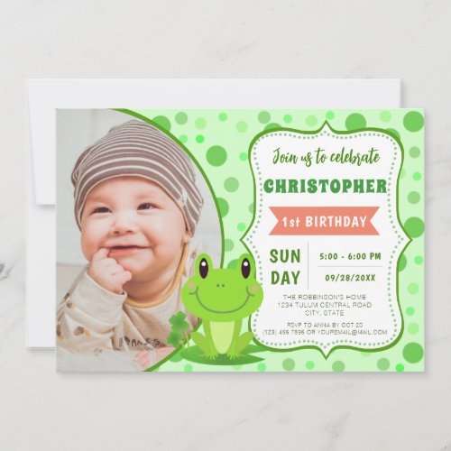 Froggy birthday party Green Dots theme  Invitation