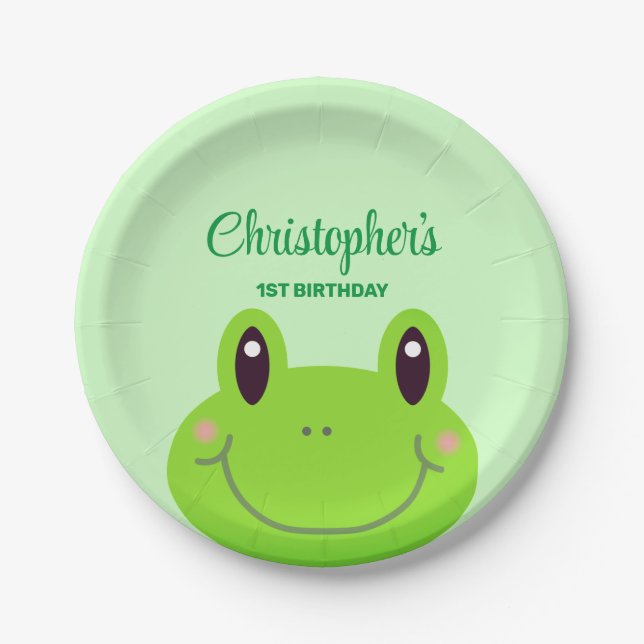Froggy birthday party green theme paper plates (Front)