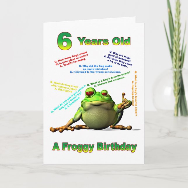 Froggy friend 6th birthday card with froggy jokes (Front)