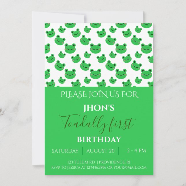 Froggy kids birthday party Green invitation (Front)