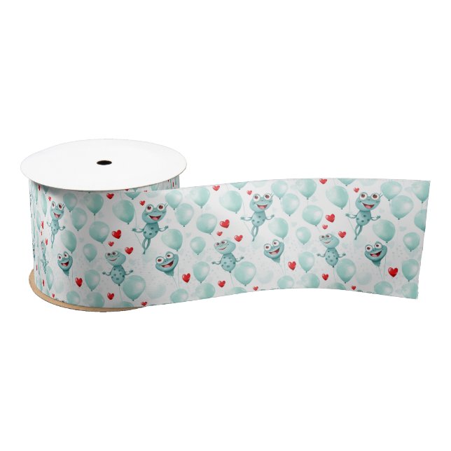 Frogs and hearts frogs as balloons satin ribbon (Spool)