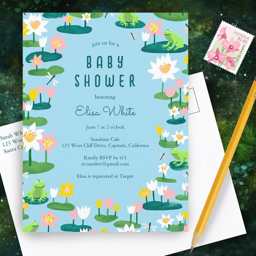 Frogs and Lily Pads Cute CUSTOM BABY SHOWER Invitation Postcard