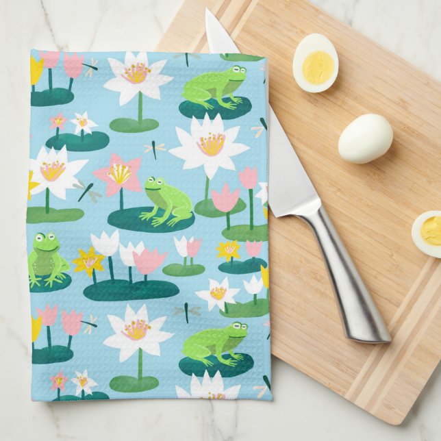 Frogs and Lily Pads Cute Custom Kitchen Towel (Quarter Fold)