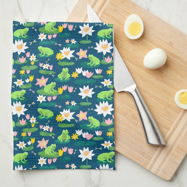Frogs and Lily Pads Cute Custom Kitchen Towel (Quarter Fold)