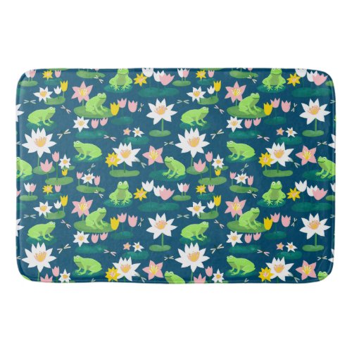 Frogs and Lily Pads Cute Custom Navy BLue Bath Mat