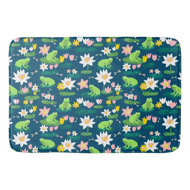 Frogs and Lily Pads Cute Custom Navy BLue Bath Mat (Front)