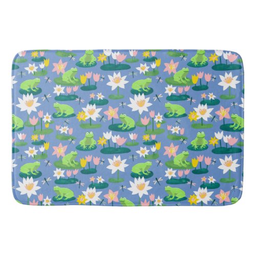 Frogs and Lily Pads Cute Custom Periwinkle BLue Bath Mat